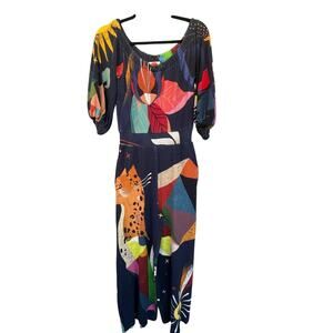 Farm Rio Jumpsuit Womens XS Petite Cat Print Puff Sleeve Boho Anthropologie